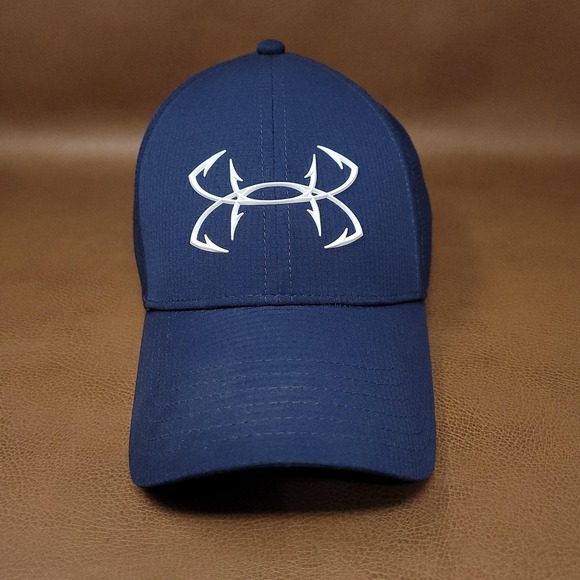 Under Armour Hat Cap Fitted Mens Large XL Navy Blue Fishing Hook Logo Golf - Picture 1 of 5